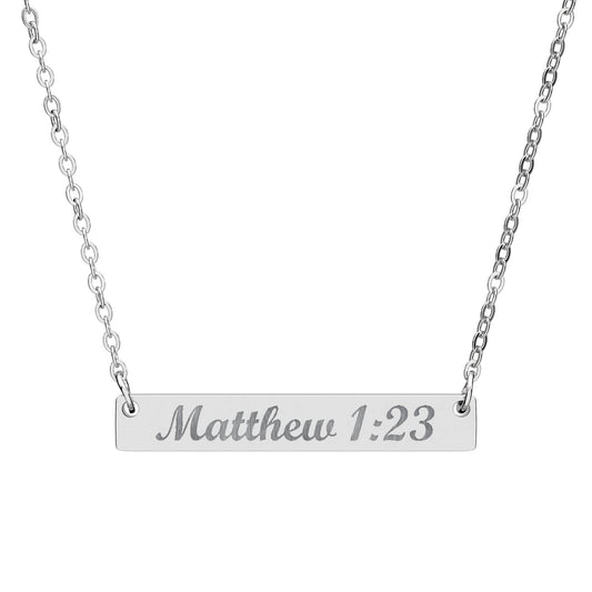 Matthew 1:23 Bar Necklace – Christian engraved jewelry gift from Little Baby Nest Co