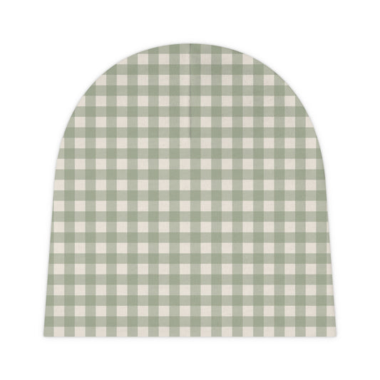 Sage Gingham Baby Beanie – baby gift from Little Baby Nest Co