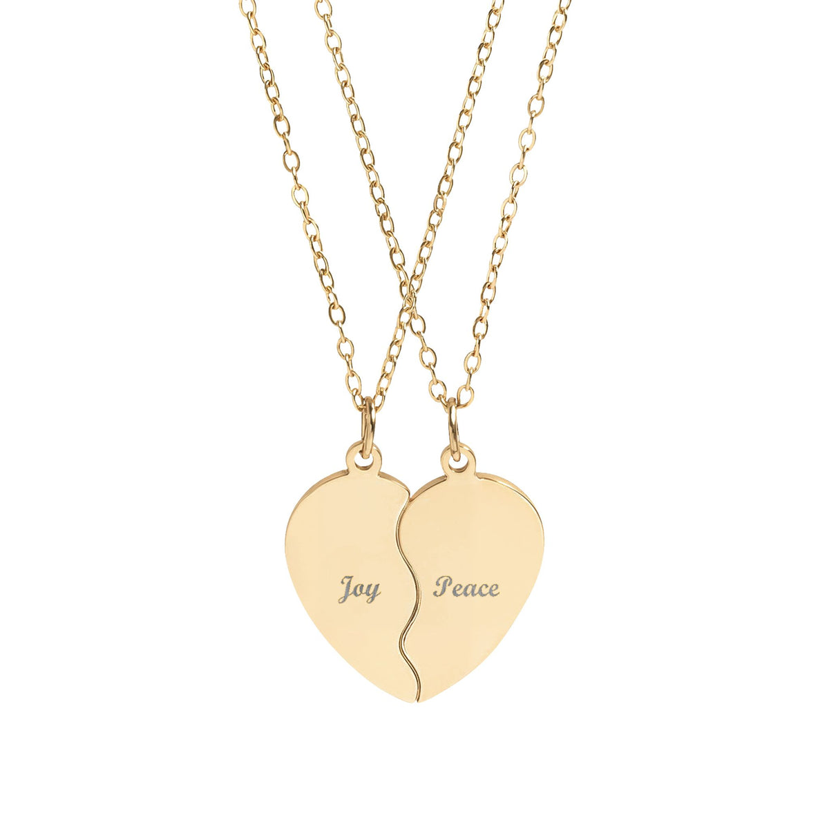 Joy and Peace Break Apart Heart Necklace Set – engraved jewelry gift from Little Baby Nest Co